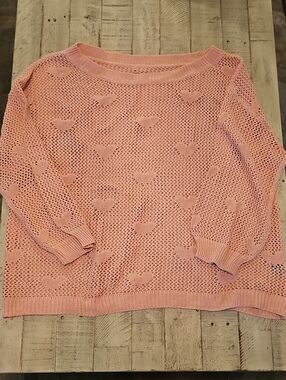 SHEIN Curve Pink Open-Weave Heart Pattern Sweater Wide Neck